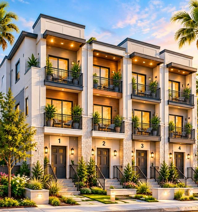 Four-unit fourplex townhome building with doors numbered 1 to 4