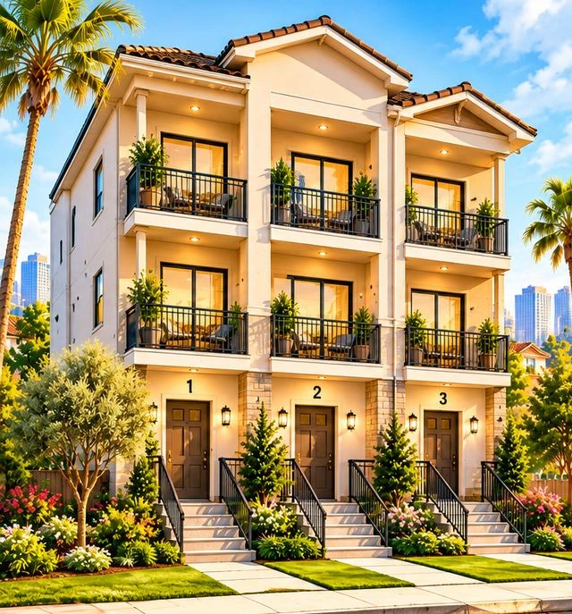 Three-unit triplex townhome building with doors numbered 1 to 3